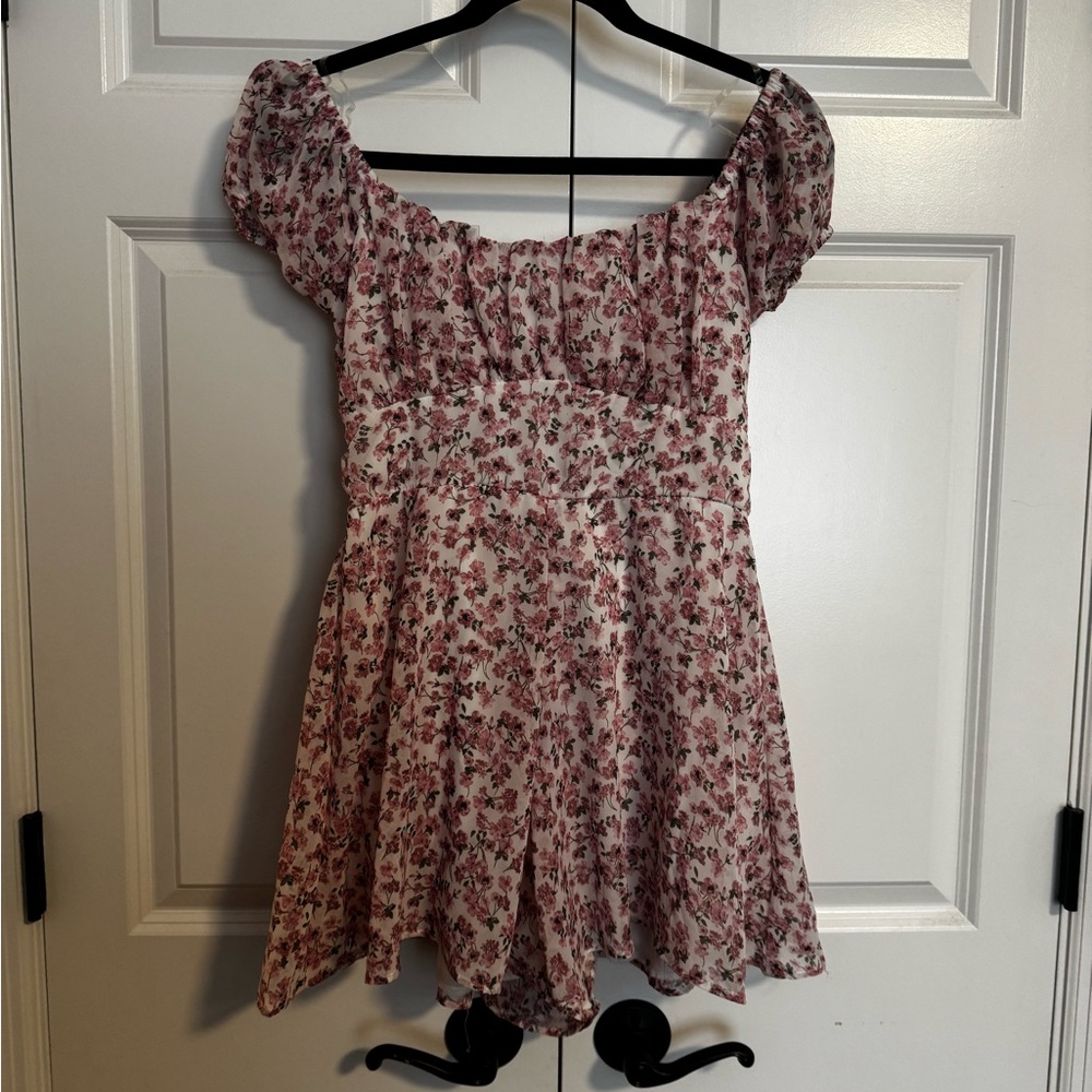 Floral Pink Dress Romper with Puff Sleeves